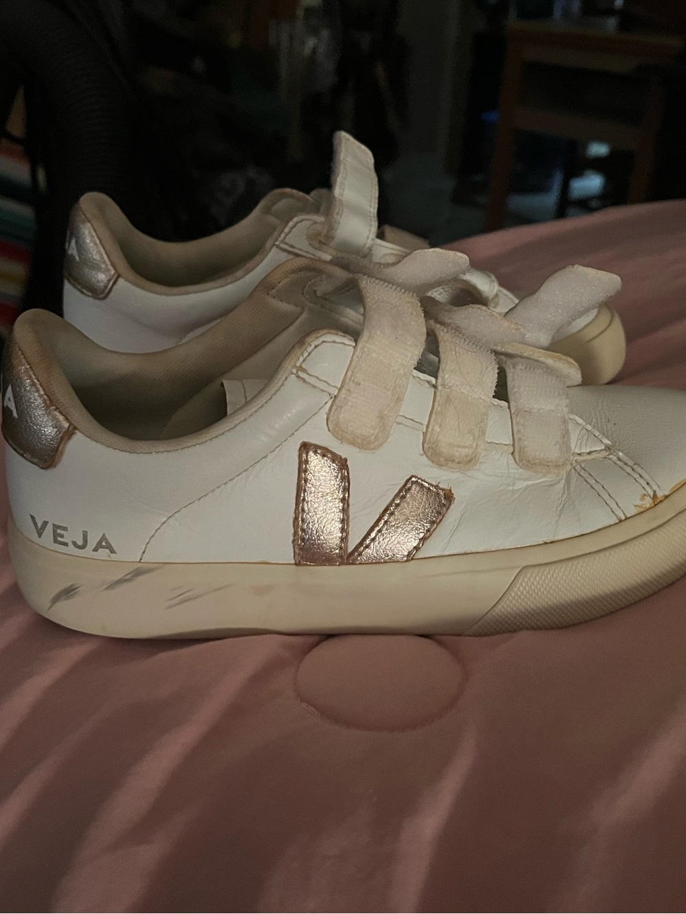 Veja White Leather Sneakers with Rose Gold V Detail